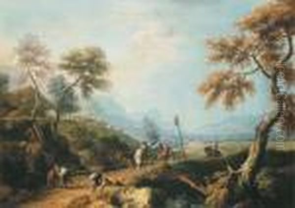 A Wooded Landscape, With 
Gentlemen In A Carriage On A Road In Theforeground, A Valley Beyond Oil Painting by Marco Ricci