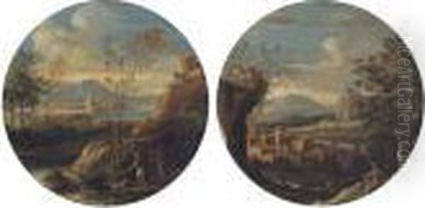 A River Landscape With Peasants 
On A Track; And A Wooded Riverlandscape With A Herdsman And His Cattle Oil Painting by Marco Ricci