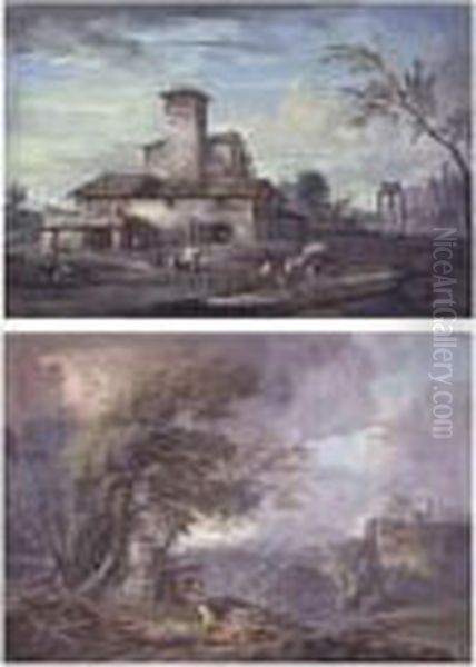 An Italianate Landscape With A 
Farmhouse And Ruins In The Distance And An Extensive Italianate 
Landscape With Peasants And Animals Running From An Approaching Storm: A
 Pair Of Paintings Oil Painting by Marco Ricci