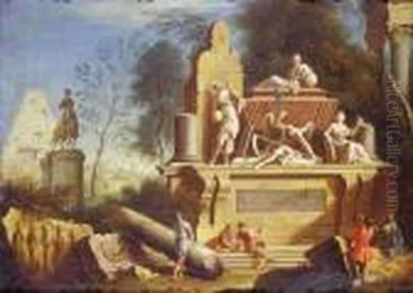 Veduta Di Fantasia Di Roma Con Il
Mausoleo Di Cesare E Figure Oil Painting by Marco Ricci