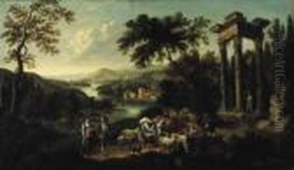 Pastori Con Armenti In Un 
Paesaggio Fluviale, Con Rovine Classiche E Un Borgo In Lontananza Oil Painting by Marco Ricci