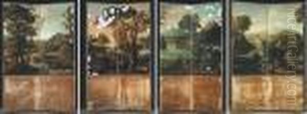 A Mountainous River Landscape 
With Travellers, A Town Beyond; And Amountainous River Landscape With An
 Elegant Couple Journeying Withtheir Servants, A Fortress And A Bridge 
Beyond Oil Painting by Sebastiano Ricci