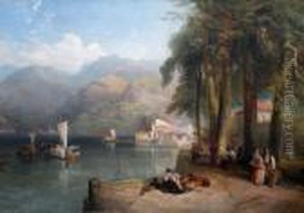 An Italian Lake Scene Oil Painting by Thomas Miles Richardson