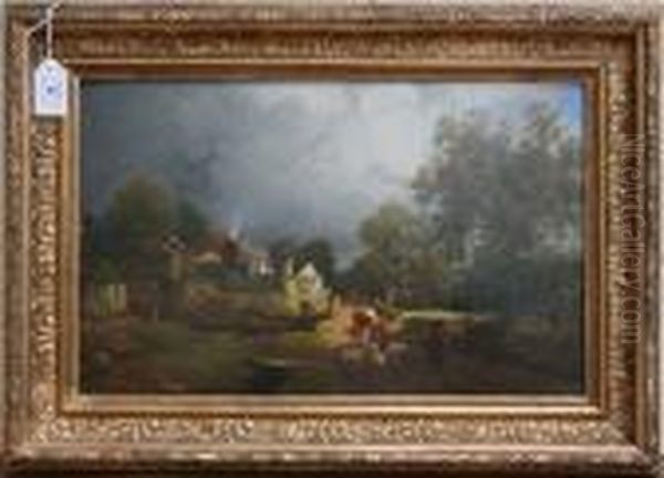 Pastoral Landscape With Farmer 
And Livestock On A Road Walking Past An Industrial Complex Oil Painting by Thomas Miles Richardson