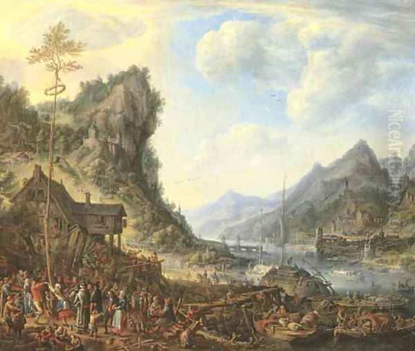 A Rhenish landscape with peasants dancing around the maypole, shipping moored by a jetty nearby Oil Painting by Herman Saftleven