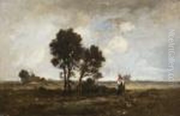 Reisigsammlerin Bei Einer
 Baumgruppe In Weiter Landschaft. Oil Painting by Leon Richet