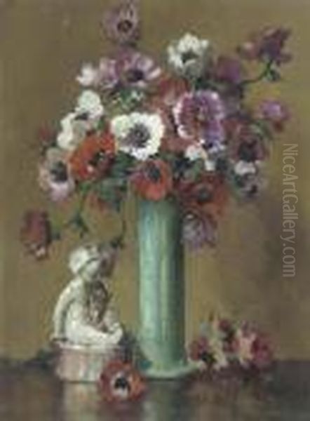 White, Red And Purple Anemones In A Green Vase Oil Painting by David the Elder Richter