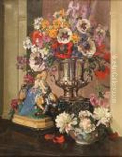 Still Life Study Offlowers In A Silver Campana Vase Beside A Figurine And Bowl Oil Painting by David the Elder Richter