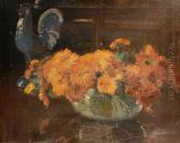 Still Life Of Marigolds And Potterycockerel Oil Painting by David the Elder Richter
