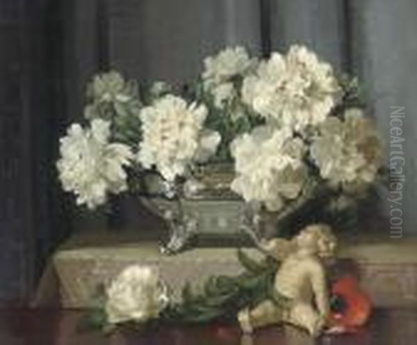 Peonies In An Silver Tureen With A Red Poppy And A Seated Putti Oil Painting by David the Elder Richter