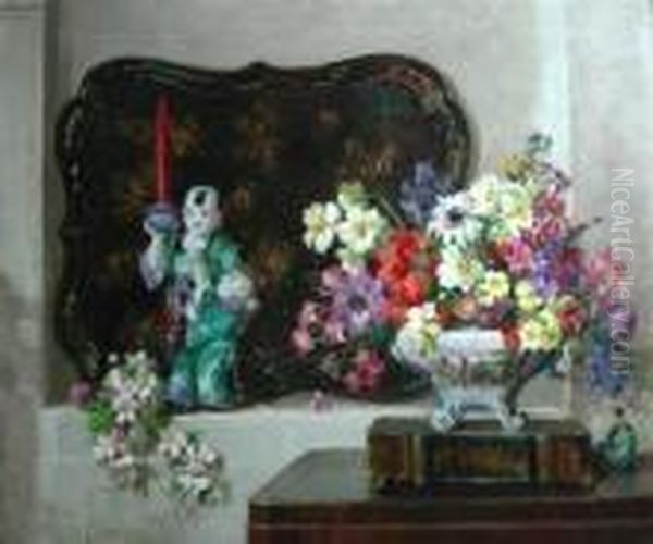 Still Life With Chinese Figurine And Flowers Oil Painting by David the Elder Richter