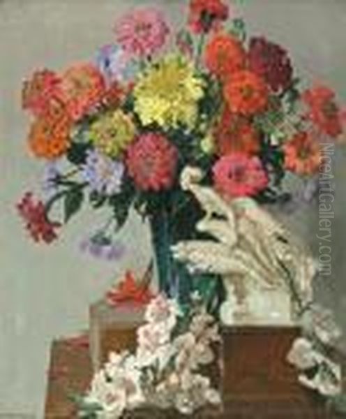 A Still Life With Zinnias And Other Flowers Ina Glass Vase With A Porcelain Figurine Oil Painting by David the Elder Richter