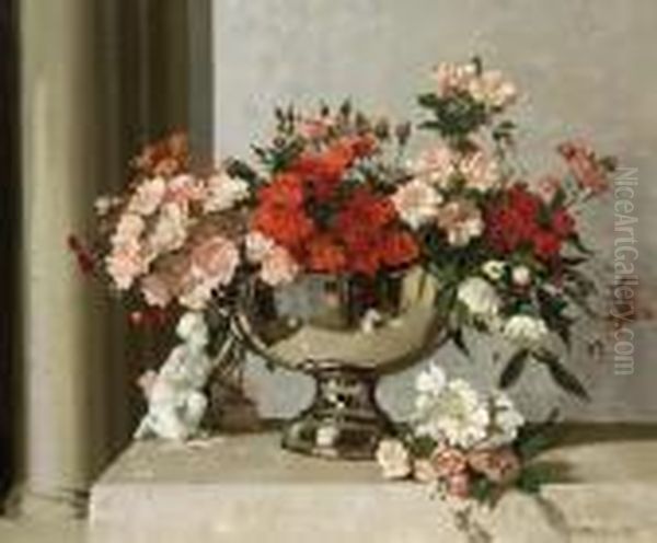 'the Shimmer Of Silver' (polyanthusroses) Oil Painting by David the Elder Richter