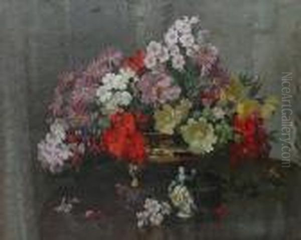 Still Life Of Mixed Flowers In A Bronze Bowl, Next To Figurine. Oil Painting by David the Elder Richter