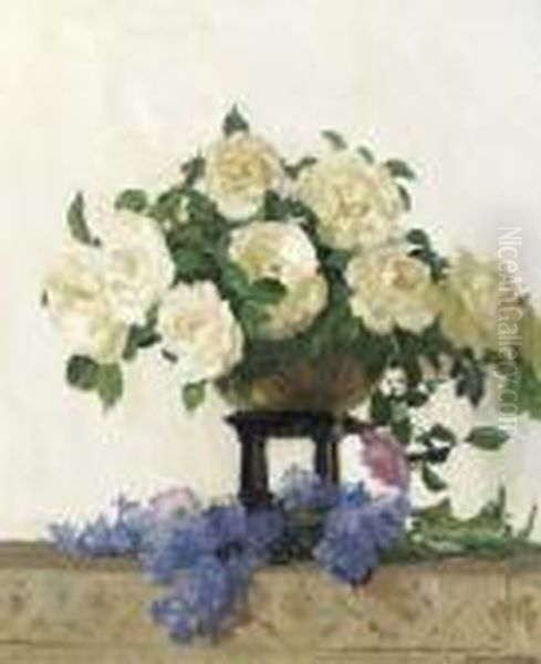 White Roses And Lilac On A Ledge Oil Painting by David the Elder Richter