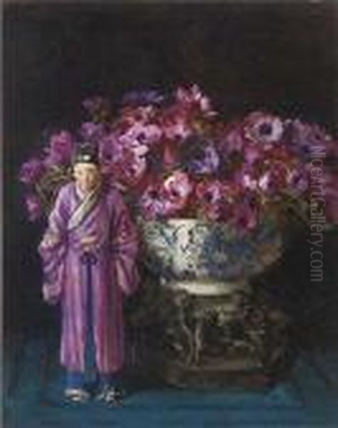 An Oriental Figurine Before A Vase Of Anemones Oil Painting by David the Elder Richter