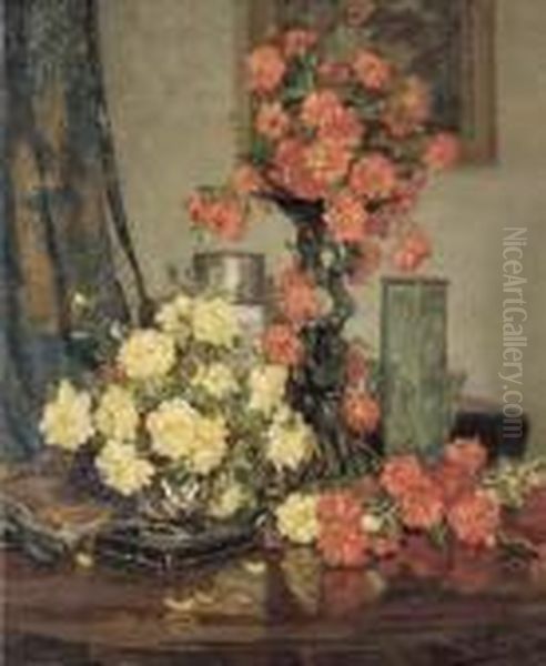 Red And White Peonies On A Round Table Oil Painting by David the Elder Richter