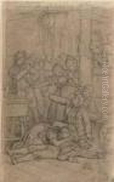 A Brawl In An Inn Oil Painting by Adrian Ludwig Richter