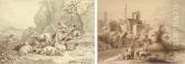 A Shepherd And Shepherdess With 
Their Flock In An Extensive Mountainous Landscape; And Cattle And 
Herdsmen On A Road, Ruins Beyond, After Jan Both Oil Painting by Adrian Ludwig Richter