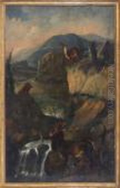 Weite Berglandschaft Mit 
Zahlreichen Verschiedenen Tieren Bei Einem Gehoft Mit Personenstaffage Oil Painting by Johann Elias Ridinger or Riedinger