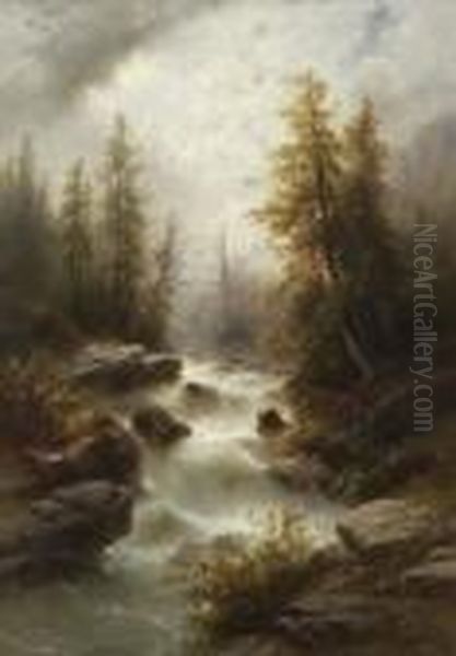 Gischtender Gebirgsbach Im
 Zwielicht. Oil Painting by Albert Rieger