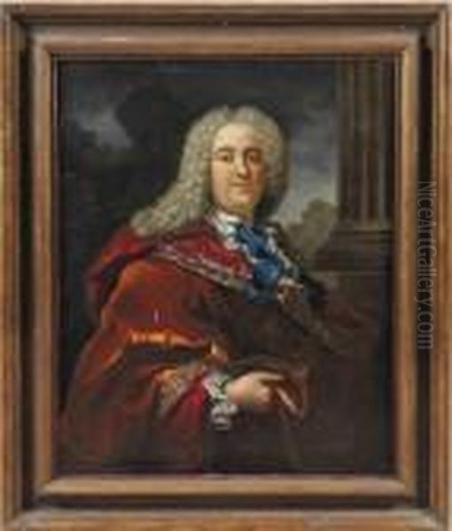 Portrait Of A Gentleman, 
Half-length, In A Richly Embroideredmaroon And Russet Cloak, A Landscape
 Beyond Oil Painting by Hyacinthe Rigaud