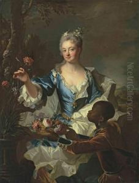 Portrait Of Hyacinthe-sophie De 
Beschanel-nointel, Marquise Delouville , Three-quarter-length, In A Blue
 And Whitedress With Pearls, With A Page In Livery Presenting A Basket 
Offlowers Oil Painting by Hyacinthe Rigaud