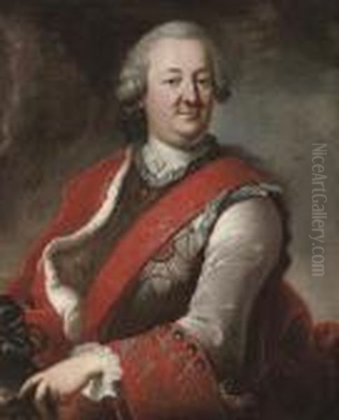 Portrait Of A Gentleman, 
Half-length, In A Red Cloak With Ermine Trim, And A Sash And Medal Of 
Honour, His Left Hand Resting On A Plumed Helmet Oil Painting by Hyacinthe Rigaud