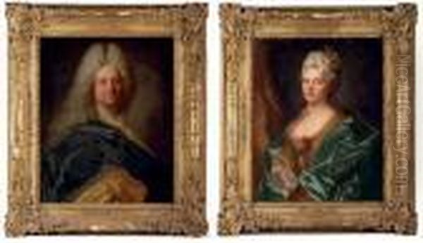 Portrait Of The Marquis De La 
Mesangere, Half-length, In A Blue Mantle With A Gold Brocade Lining; And
 Portrait Of The Marquise De La Mesangere, Nee Marguerite De 
Rambouillet, Half-length, In A Gold Brocade Dress With A Blue Mantle And
 Flowers In  Oil Painting by Hyacinthe Rigaud