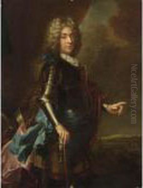 A Portrait Of A Nobleman, 
Wearing Armour And A Blue Sash, Holding A Cane, A View Of A City Beyond Oil Painting by Hyacinthe Rigaud
