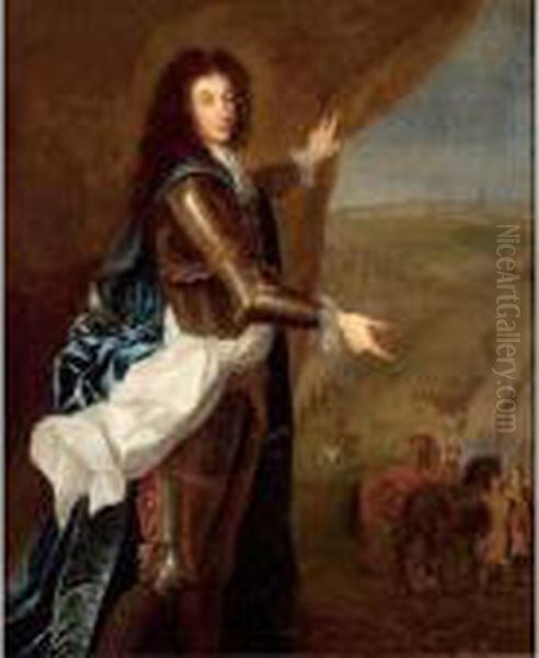 A Portrait Of A Nobleman, 
Standing Full-length, Wearing Armour With A White Sash And A Blue Cloak,
 Pointing Out The Siege Of A Town Oil Painting by Hyacinthe Rigaud