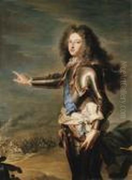 Portrait Of Louis De France, Duc
 De Bourgogne (1682-1712), Three-quarter-length, In Armour, A 
Battlefield Beyond Oil Painting by Hyacinthe Rigaud