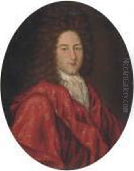 Portrait Of A Gentleman, 
Bust-length, In An Embroidered Red Gown;and Portrait Of A Lady, 
Bust-length, In An Embroidered Red Dressand Green Cloak Oil Painting by Hyacinthe Rigaud