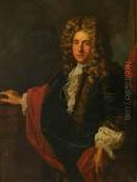 A Half Length Portrait Of A 
Nobleman In Full Bottomed Wig And Gold Embroidered Coat, His Right Hand 
Resting On A Book 'regis De 1700' Oil Painting by Hyacinthe Rigaud