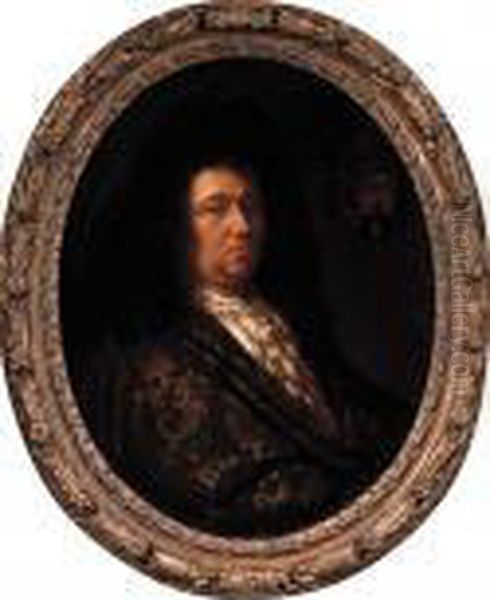 Portrait Of A Nobleman, Half 
Length, Wearing A Gold-embroidered Brown Cloak, Lace Chemise And Wig Oil Painting by Hyacinthe Rigaud