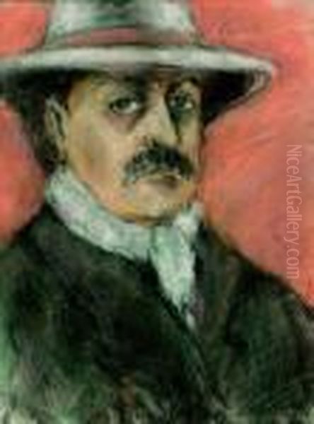 Rozsaszin Hatteru Onarckep Oil Painting by Jozsef Rippl-Ronai