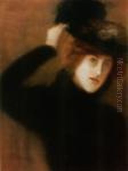 Young Parisian Woman With Flowery Hat, Late 1890s Oil Painting by Jozsef Rippl-Ronai