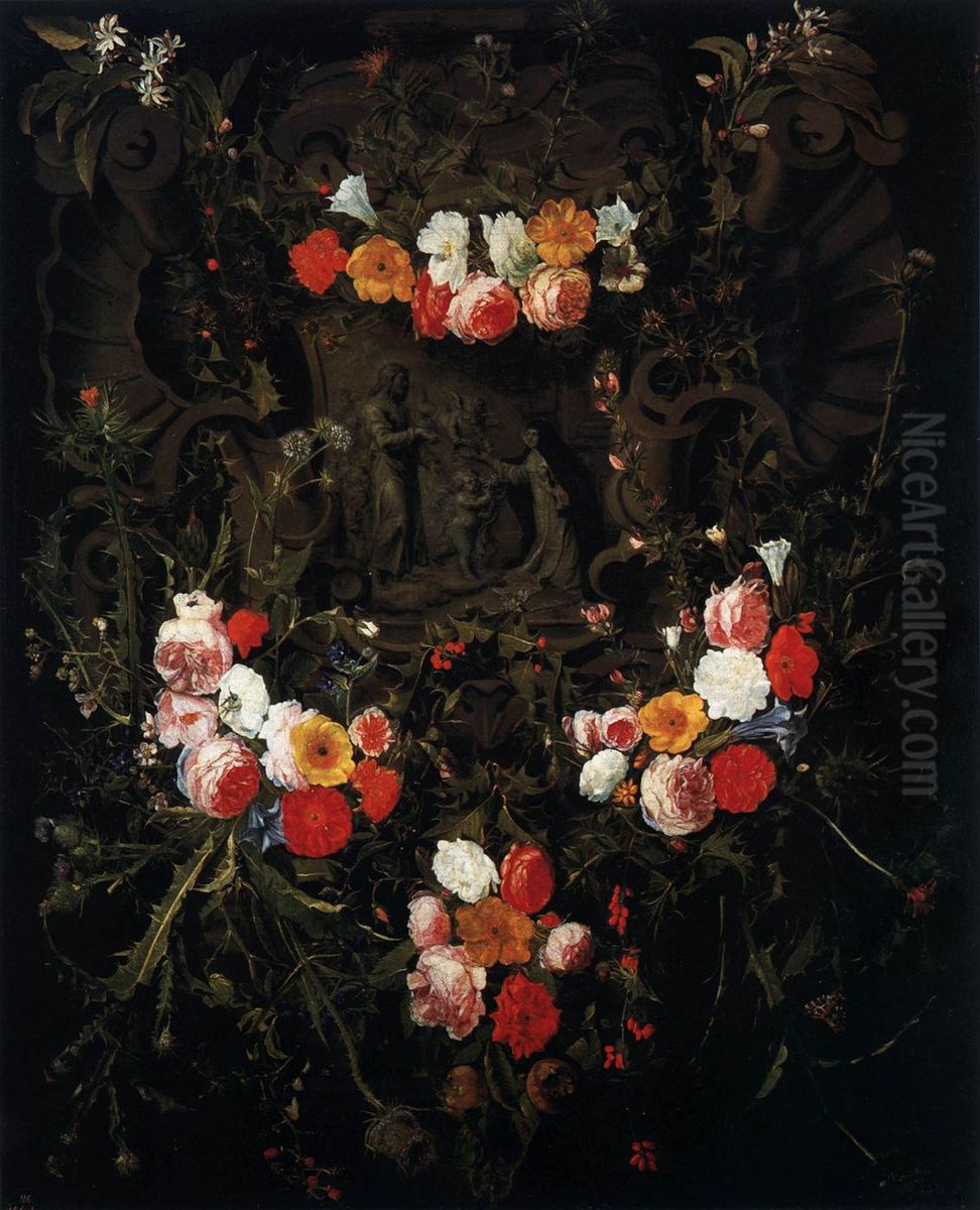 Christ and St Therese in a Garland of Flowers Oil Painting by Daniel Seghers