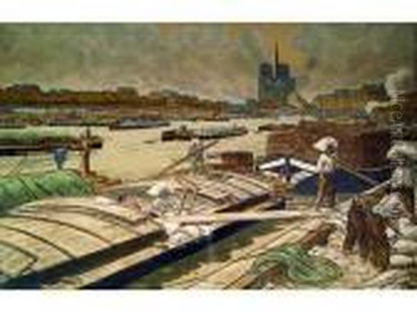 Notre-dame Vue Du Quai D'austerlitz. 1900. Oil Painting by Henry Parsons Riviere