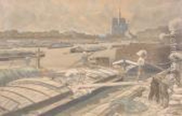 Le Port De Paris Au Debut Du Xxe Siecle Oil Painting by Henry Parsons Riviere