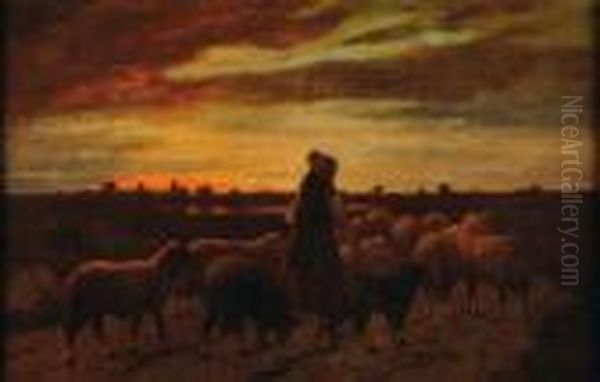 La Gardienne De Moutons Oil Painting by Louis Marie Dominique Romain Robbe