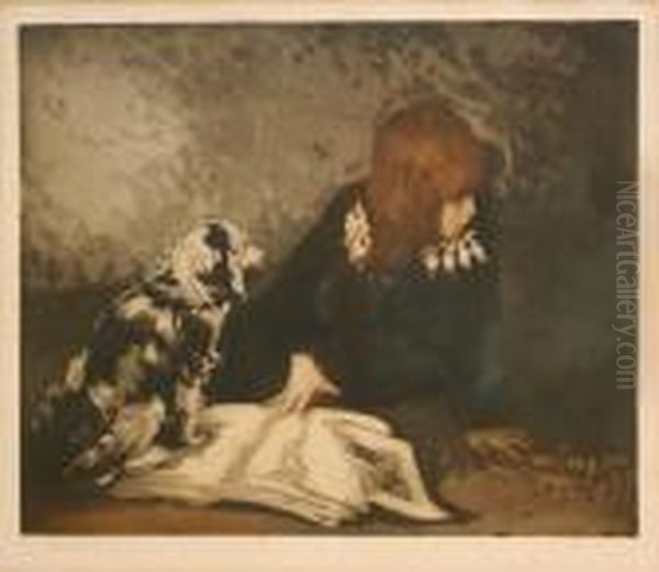 Girl Beside A Torn Book And Dog Oil Painting by Manuel Robbe