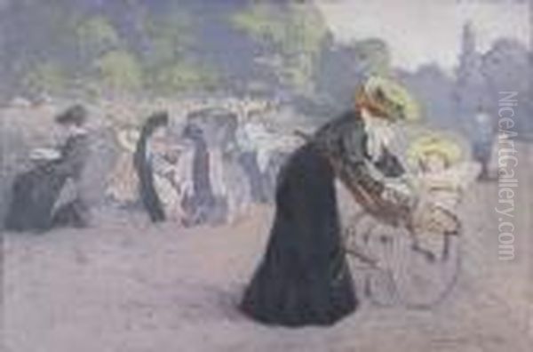 Au Champs Elysees<</b> Oil Painting by Manuel Robbe