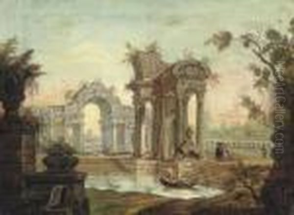 Classical Ruins Beside A Lake With Elegant Figures Oil Painting by Hubert Robert