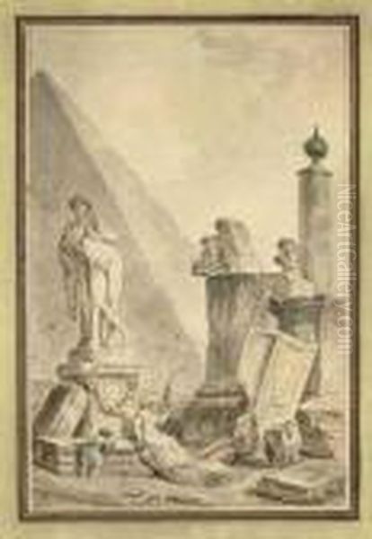 La Fileuse: Capriccio With The 
Pyramid Of Cestius, A Statue Ofhercules, Roman Altars, Sarcophagi And 
Amphorae, A Woman Spinningand A Child Oil Painting by Hubert Robert