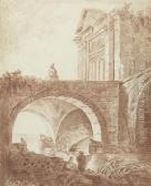 Antique Monumental
Bridge Oil Painting by Hubert Robert
