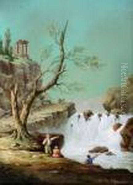 Jeunes Pecheurs A La Cascade Oil Painting by Hubert Robert