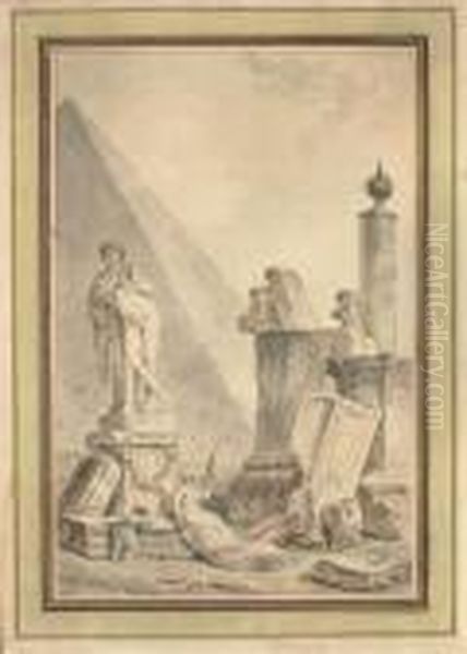 La Fileuse: Capriccio With The 
Pyramid Of Cestius, A Statue Of Hercules, Roman Altars, Sarcophagi And 
Amphorae, A Woman Spinning And A Child Oil Painting by Hubert Robert