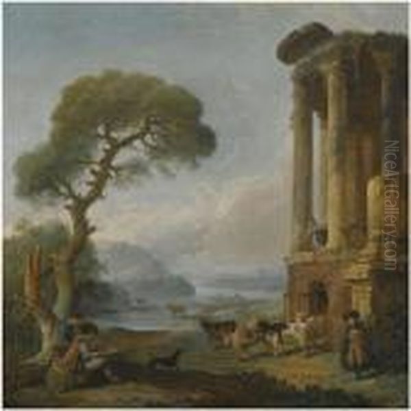 A River Landscape With An Artist
 Sketching Beneath A Ruined Temple, Possibly The Temple Of The Sibyl At 
Tivoli Oil Painting by Hubert Robert