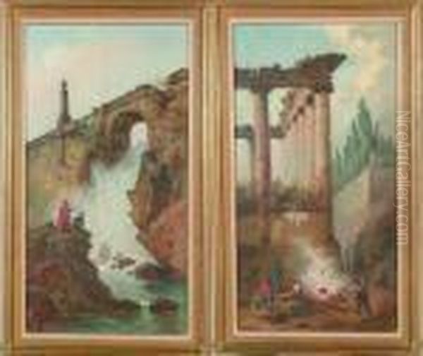 Personnages Dans Des Ruines Antiques Oil Painting by Hubert Robert